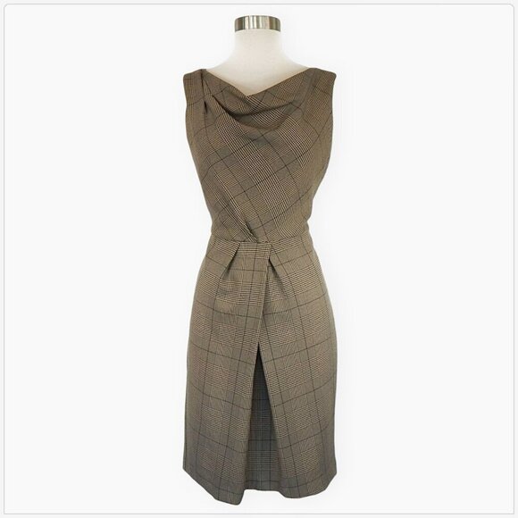 Chetta B Dresses & Skirts - Chetta B Tan Black Plaid Draped Cowl Neckline Sleeveless Sheath Dress Size 6